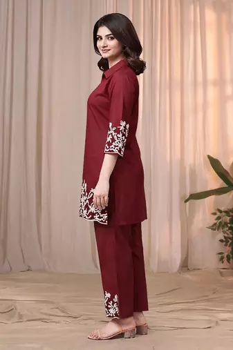 Maroon color embroidered cotton slub cord set
