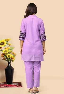 Levender color embroidered cotton slub cord set 2