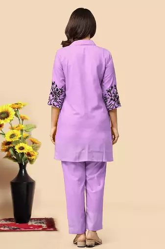 Levender color embroidered cotton slub cord set
