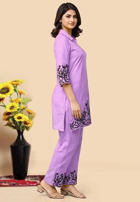 Levender color embroidered cotton slub cord set 3