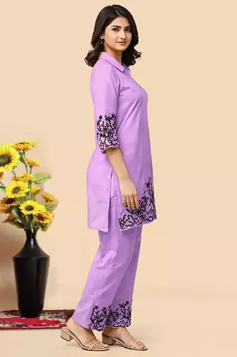 Levender color embroidered cotton slub cord set