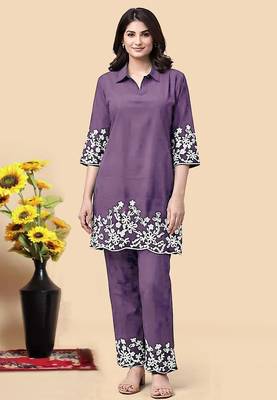 Light purple color embroidered cotton slub cord set 1