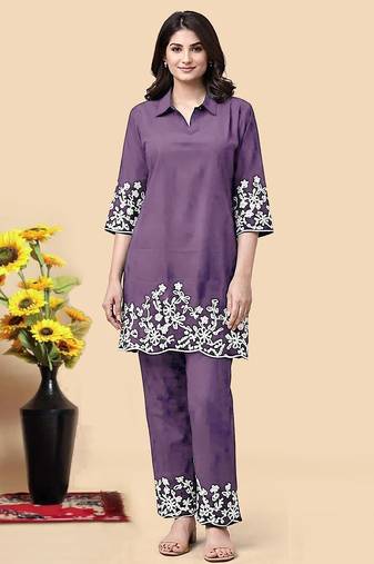 Light purple color embroidered cotton slub cord set