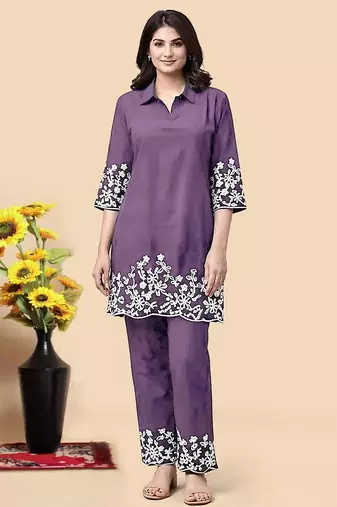 Light purple color embroidered cotton slub cord set