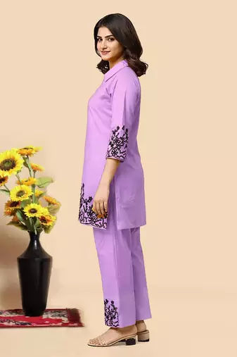Levender color embroidered cotton slub cord set