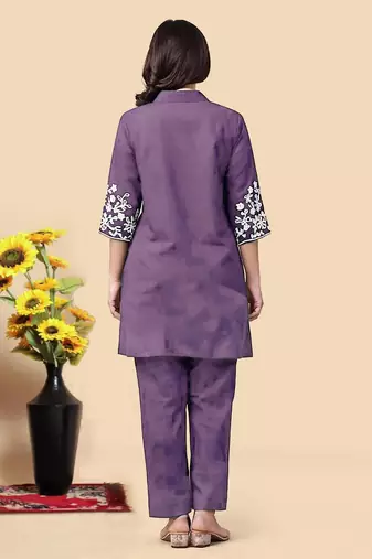 Light purple color embroidered cotton slub cord set