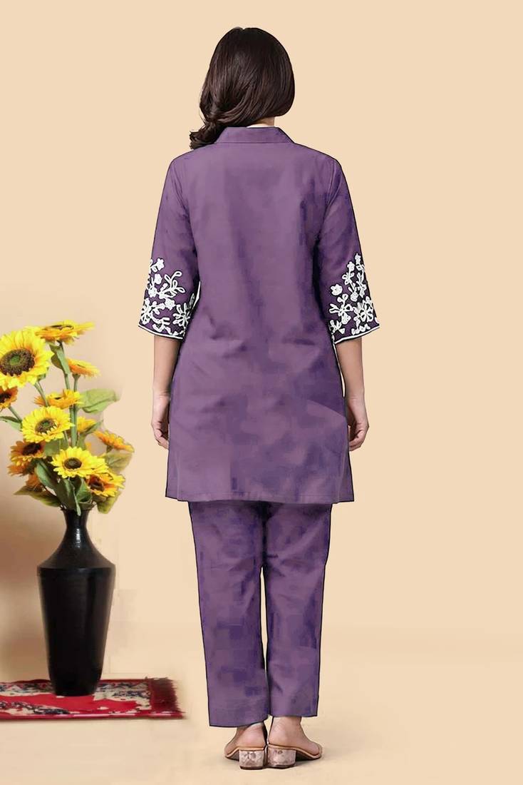 Light purple color embroidered cotton slub cord set