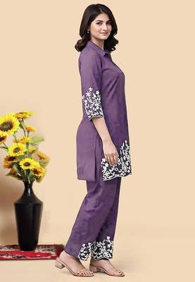Light purple color embroidered cotton slub cord set 3
