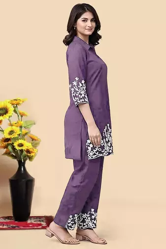 Light purple color embroidered cotton slub cord set