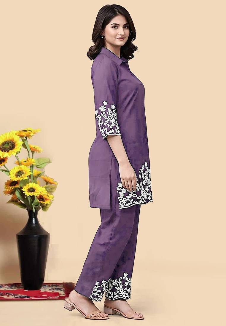 Light purple color embroidered cotton slub cord set