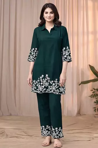 Dark green color embroidered cotton slub cord set