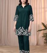 Dark green color embroidered cotton slub cord set