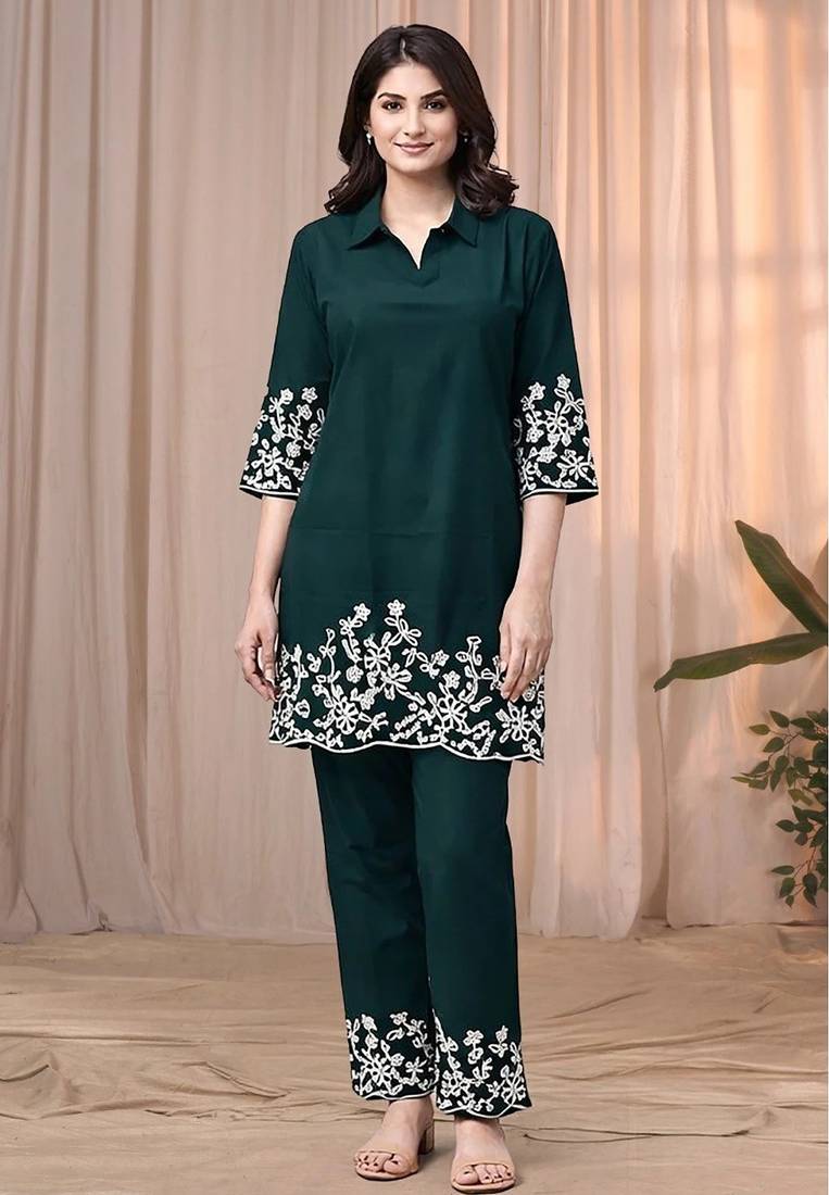 Dark green color embroidered cotton slub cord set