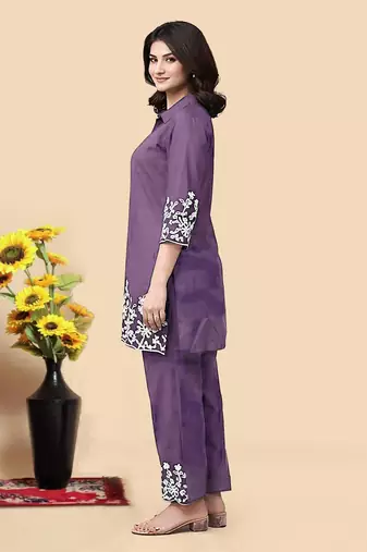 Light purple color embroidered cotton slub cord set
