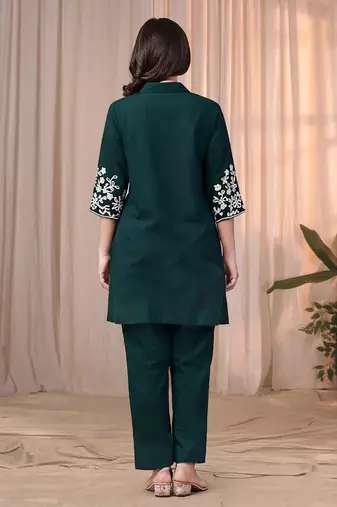 Dark green color embroidered cotton slub cord set