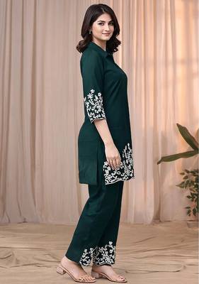Dark green color embroidered cotton slub cord set 3