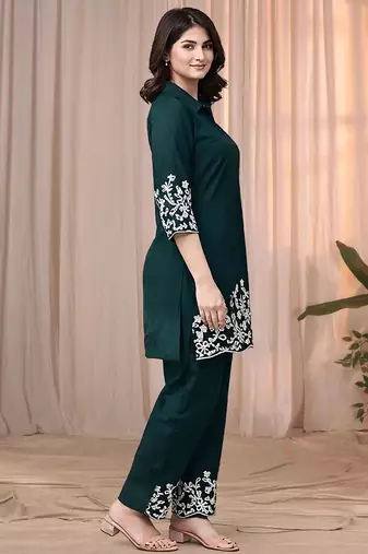 Dark green color embroidered cotton slub cord set