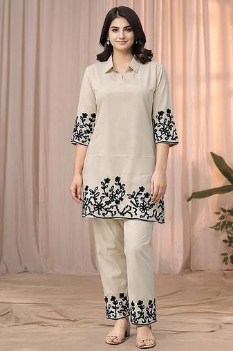 Cream color embroidered cotton slub cord set
