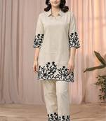 Cream color embroidered cotton slub cord set