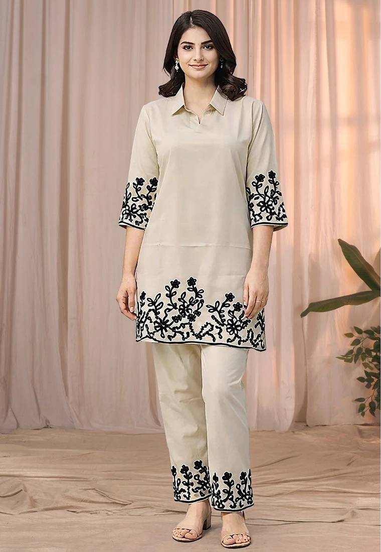 Cream color embroidered cotton slub cord set