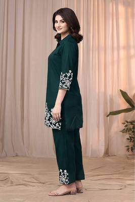 Dark green color embroidered cotton slub cord set 4