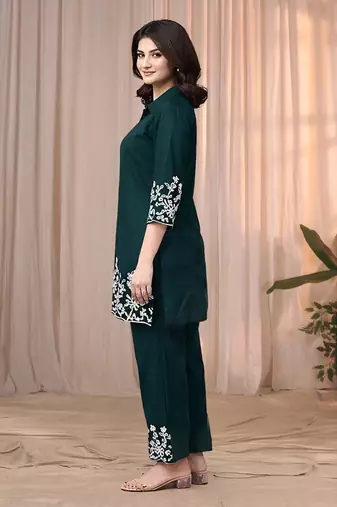 Dark green color embroidered cotton slub cord set