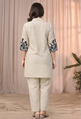 Cream color embroidered cotton slub cord set 2