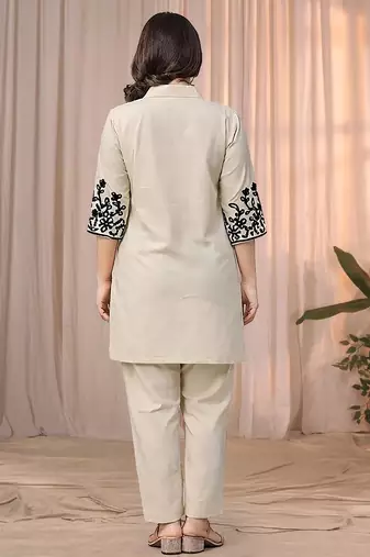 Cream color embroidered cotton slub cord set