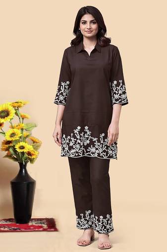 Brown color embroidered cotton slub cord set