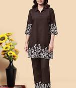 Brown color embroidered cotton slub cord set