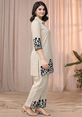 Cream color embroidered cotton slub cord set 3