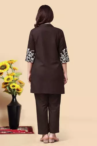 Brown color embroidered cotton slub cord set