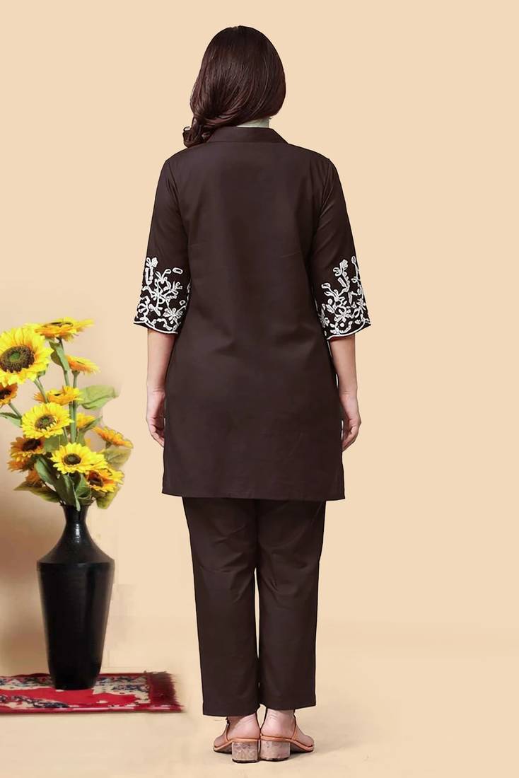 Brown color embroidered cotton slub cord set