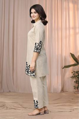 Cream color embroidered cotton slub cord set 4