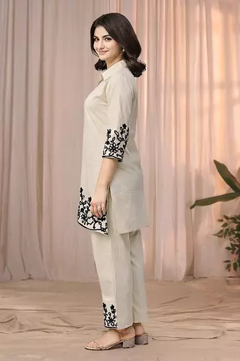 Cream color embroidered cotton slub cord set