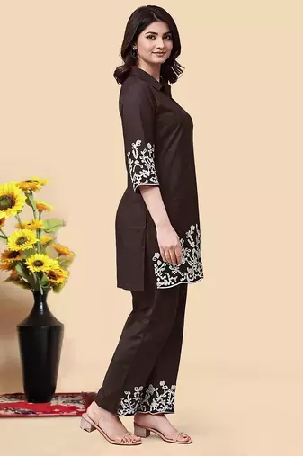 Brown color embroidered cotton slub cord set