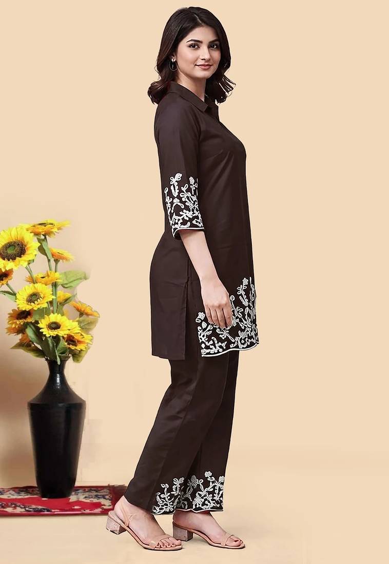 Brown color embroidered cotton slub cord set