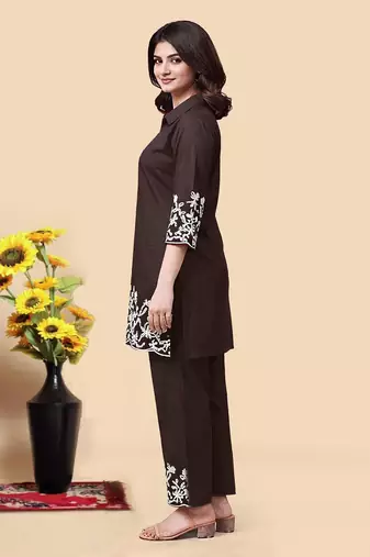 Brown color embroidered cotton slub cord set