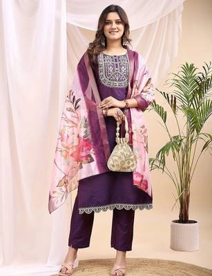 Wine color embroidered art silk festival wear kurti set full stitched. 1
