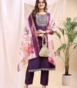 Wine color embroidered art silk festival wear kurti set full stitched.