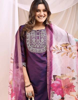 Wine color embroidered art silk festival wear kurti set full stitched. 4