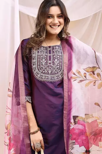 Wine color embroidered art silk festival wear kurti set full stitched.