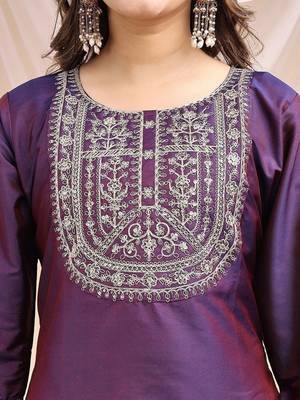 Wine color embroidered art silk festival wear kurti set full stitched. 5