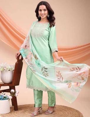 Pista color embroidered art silk festival wear kurti set  1
