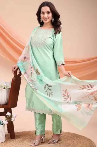 Pista color embroidered art silk festival wear kurti set 