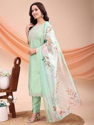 Pista color embroidered art silk festival wear kurti set  3