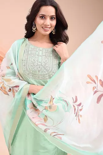 Pista color embroidered art silk festival wear kurti set 