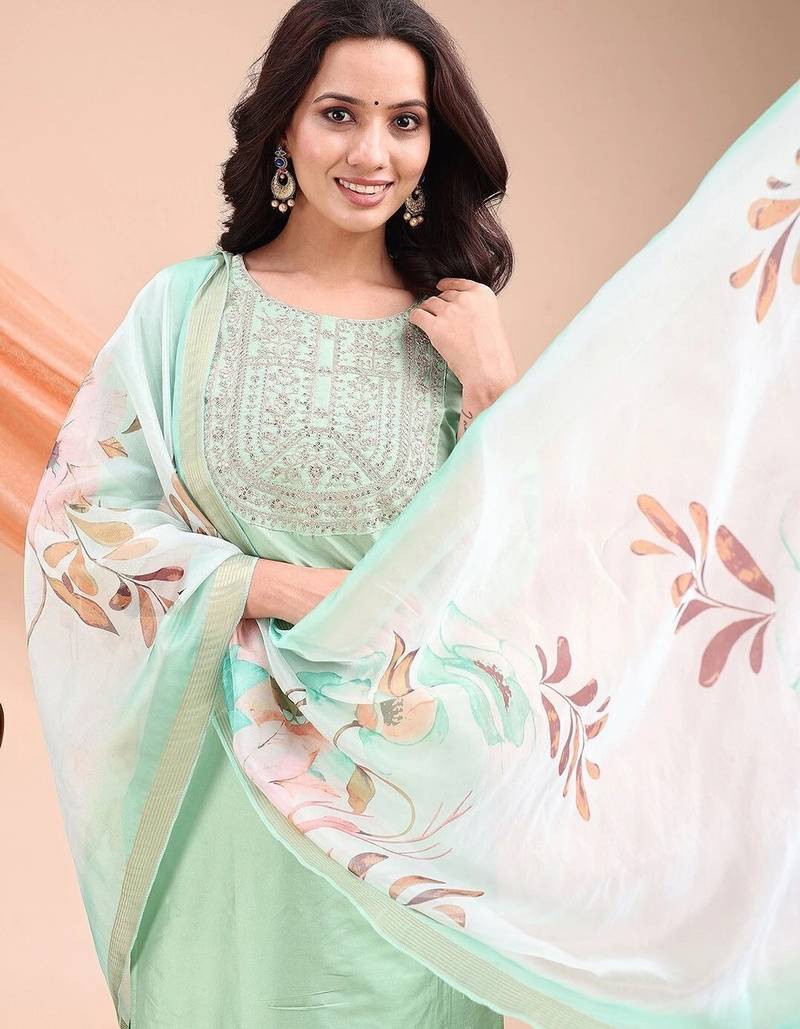 Pista color embroidered art silk festival wear kurti set 