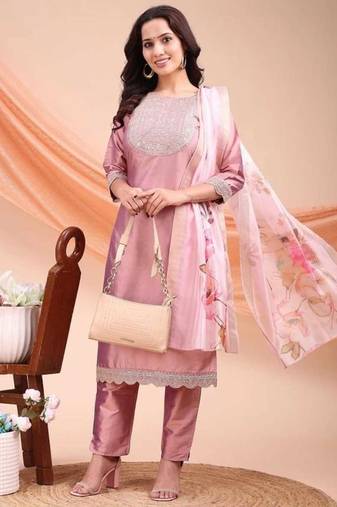 Peach color embroidered art silk festival wear kurti set 