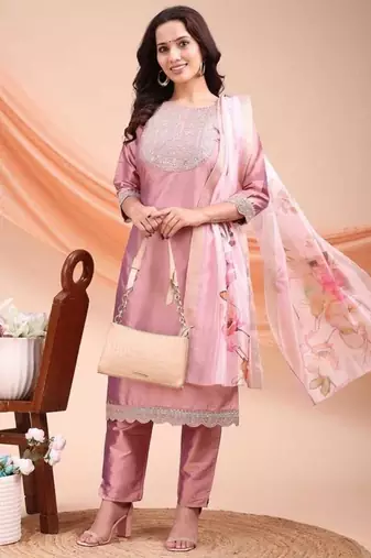 Peach color embroidered art silk festival wear kurti set 